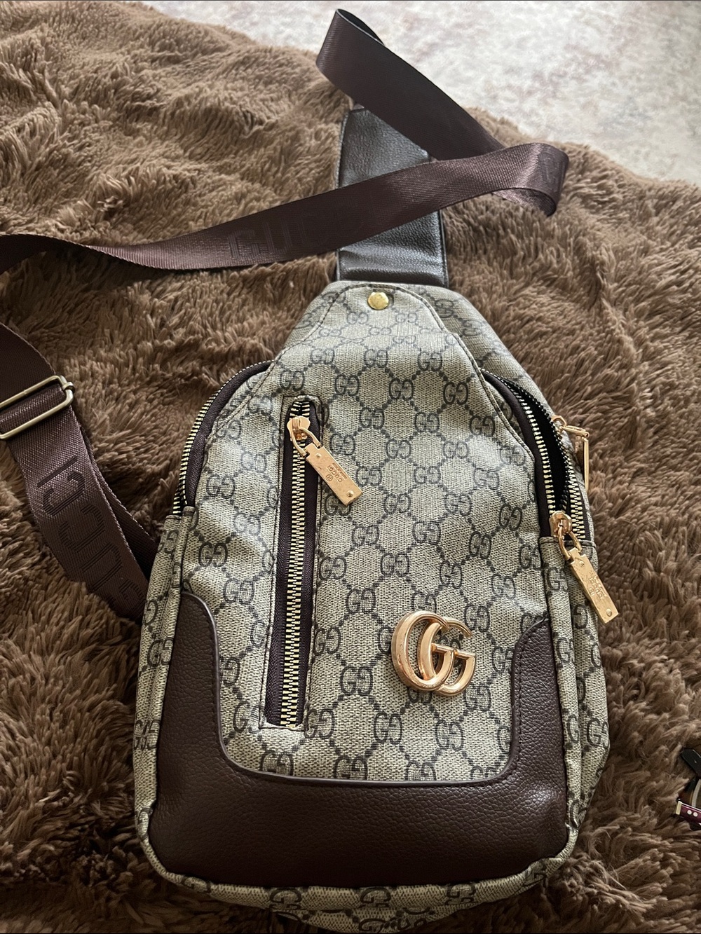 Gucci Beige GG Supreme Belt Bag with Brown Leather & Gold Hardware